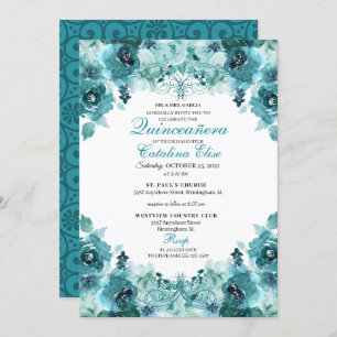 Elegant Teal Floral Quinceanera Birthday Invitation