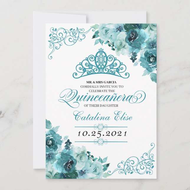 Elegant Teal Floral Quinceanera Birthday Invitation (Front)
