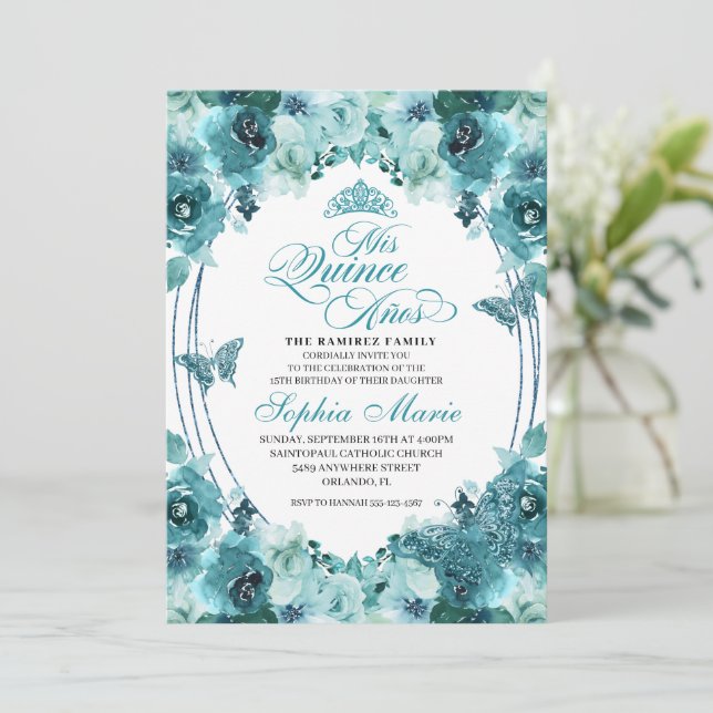 Elegant Teal Floral Quinceanera Birthday Invitation (Standing Front)
