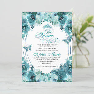 Elegant Teal Floral Quinceanera Birthday Invitation