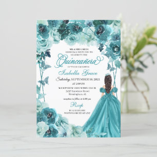 Elegant Teal Floral Quinceanera Invitation
