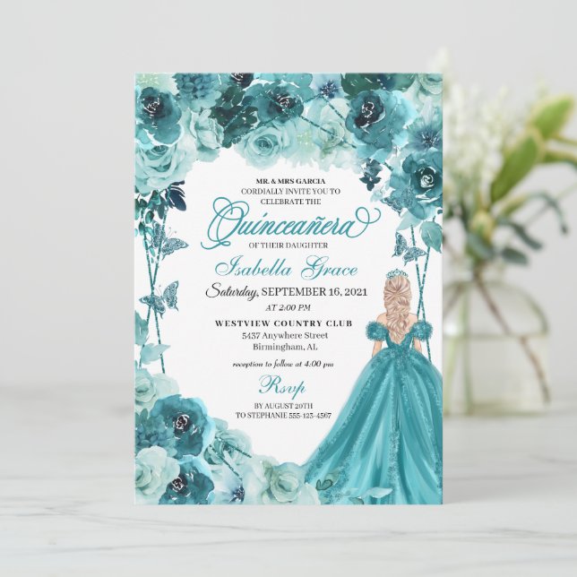Elegant Teal Floral Quinceanera Invitation (Standing Front)