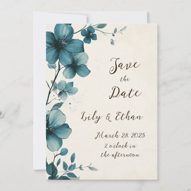 Elegant Teal Floral Save the Date Invitation (Front)