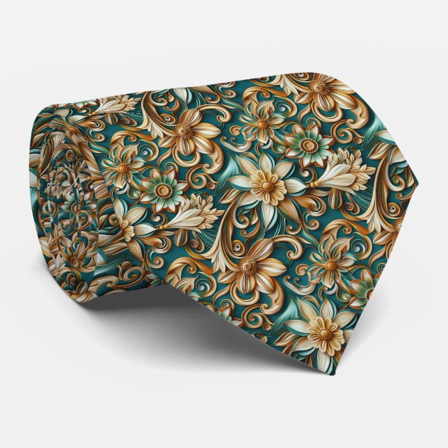 Elegant teal floral tiled pattern  tie (Rolled)