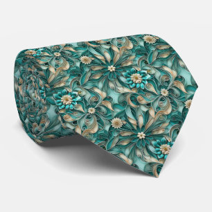Elegant teal floral tiled pattern tie