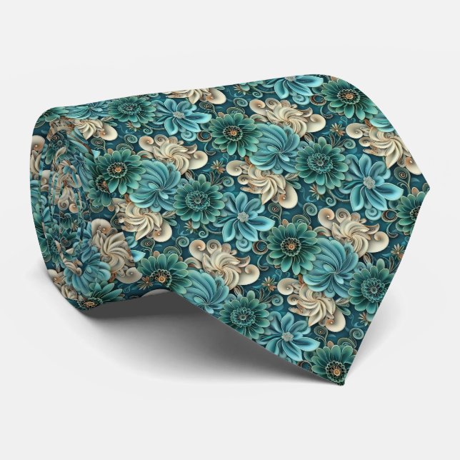 Elegant teal floral tiled pattern  tie (Rolled)