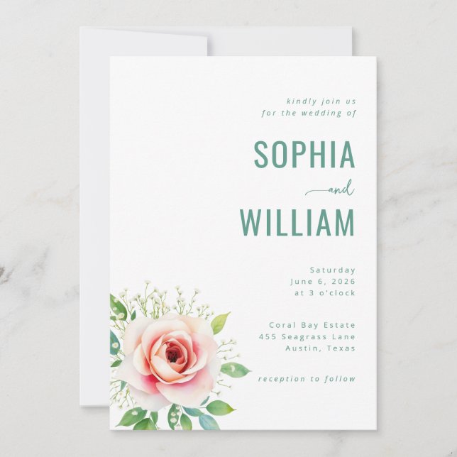Elegant Teal Floral Wedding Invitation (Front)