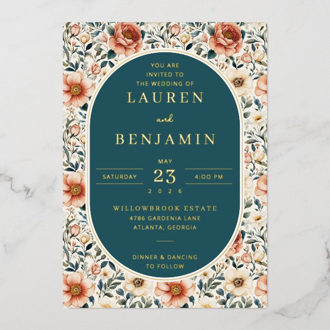 Elegant Teal Floral Wedding Invitation (Front)