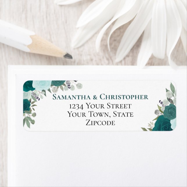 Elegant Teal Floral Wedding Return Address Label (Insitu)