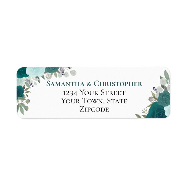 Elegant Teal Floral Wedding Return Address Label (Front)