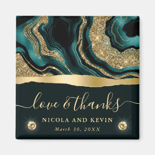Elegant Teal Foil and Gold Glitter Agate Wedding Magnet