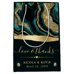 Elegant Teal Foil and Gold Glitter Agate Wedding Medium Gift Bag