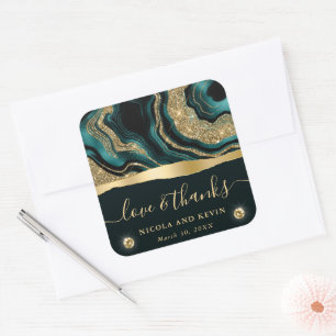 Elegant Teal Foil and Gold Glitter Agate Wedding Square Sticker