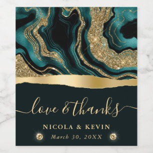 Elegant Teal Foil and Gold Glitter Agate Wedding Wine Label