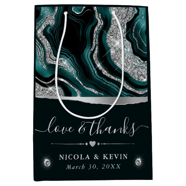 Elegant Teal Foil and Silver Glitter Agate Wedding Medium Gift Bag (Front)