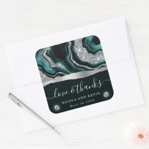 Elegant Teal Foil and Silver Glitter Agate Wedding Square Sticker