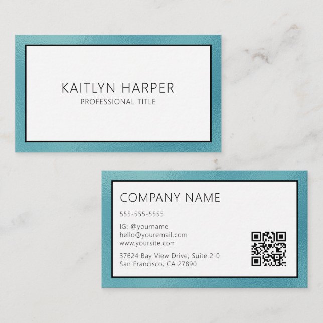 Elegant Teal Foil Edged QR Code Business Card (Front/Back)