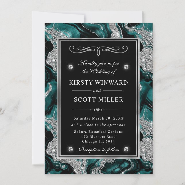 Elegant Teal Foil & Silver Glitter Agate Wedding Invitation (Front)