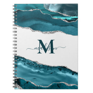 Elegant Teal Geode Agate Monogrammed Gold Glitter  Notebook