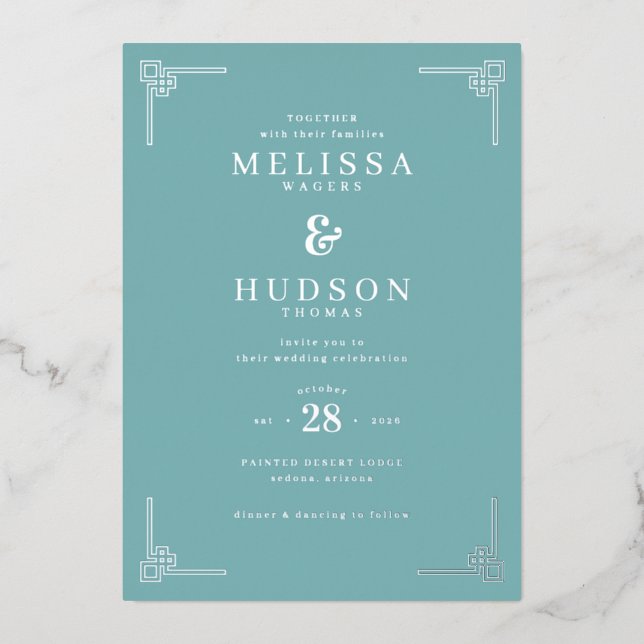 Elegant Teal Geometric Wedding Invitation (Front)