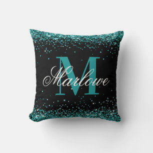 Elegant Teal Glitter Black Monogram Cushion