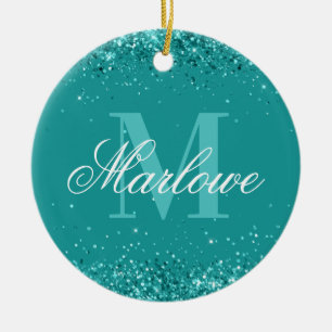 Elegant Teal Glitter Blue Green Monogram Ceramic Ornament
