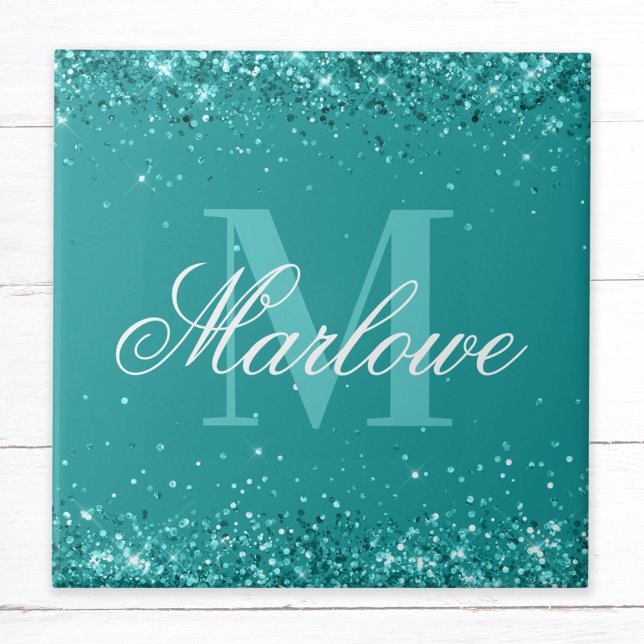 Elegant Teal Glitter Blue Green Monogram Ceramic Tile (Creator Uploaded)