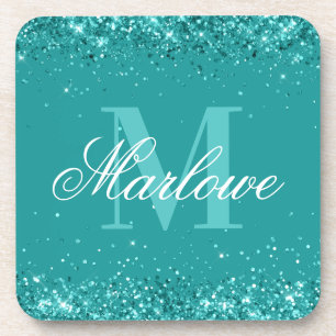 Elegant Teal Glitter Blue Green Monogram Coaster