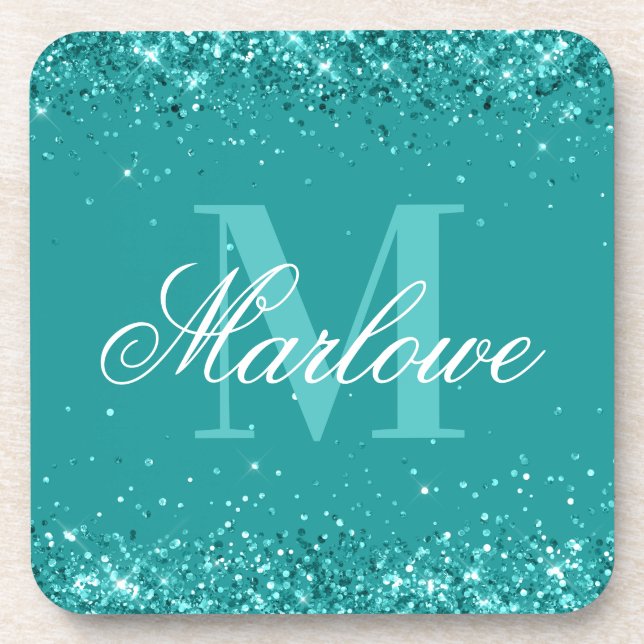Elegant Teal Glitter Blue Green Monogram Coaster (Front)