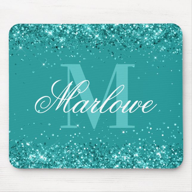 Elegant Teal Glitter Blue Green Monogram Mouse Pad (Front)