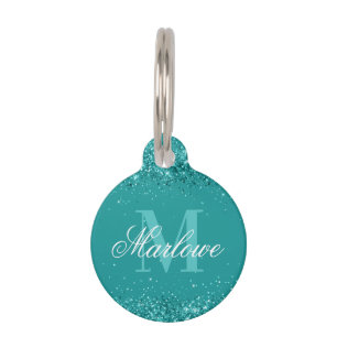 Elegant Teal Glitter Blue Green Monogram Pet Tag