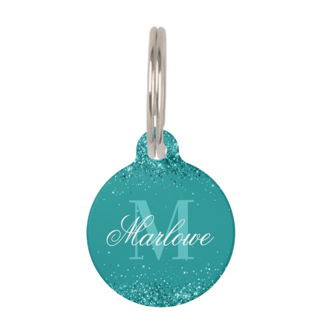 Elegant Teal Glitter Blue Green Monogram Pet Tag (Front)