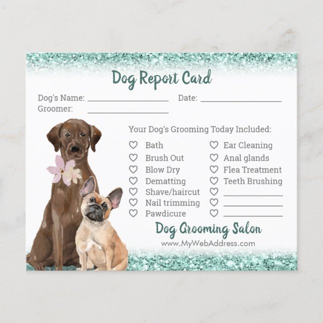 Elegant Teal Glitter Dog Grooming Report Card (Front)