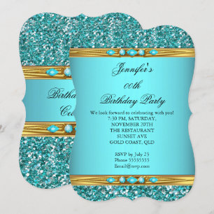 Elegant Teal Glitter Gold Diamond Birthday Party 2 Invitation
