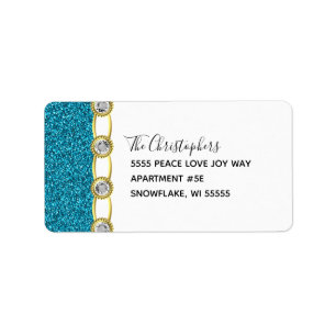 Elegant Teal Glitter Gold Jewels Holiday Address Label