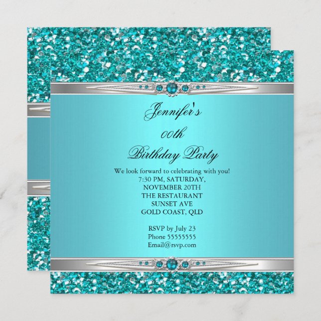 Elegant Teal Glitter Silver Diamond Pearl Birthday Invitation (Front/Back)