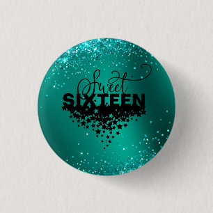 Elegant Teal Glitter Sweet 16 Birthday Button