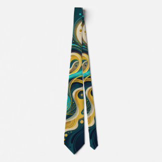 Elegant Teal Gold Abstract Flow Art Tie
