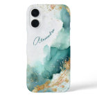 Elegant Teal Gold Abstract Watercolor Custom Name
