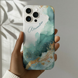 Elegant Teal Gold Abstract Watercolor Custom Name iPhone 16 Pro Max Case