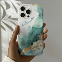 Elegant Teal Gold Abstract Watercolor Custom Name