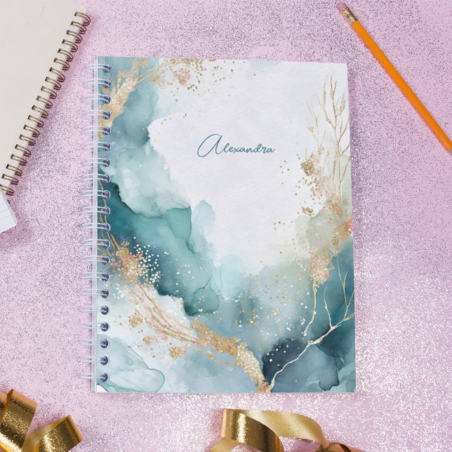 Elegant Teal Gold Abstract Watercolor Custom Name  Notebook (Creator Uploaded)