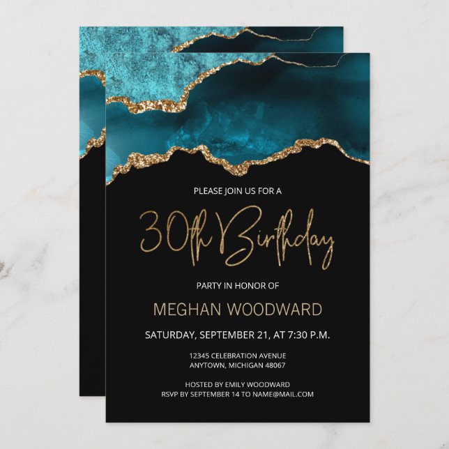 Elegant Teal Gold Agate 30th Birthday Invitation (Front/Back)