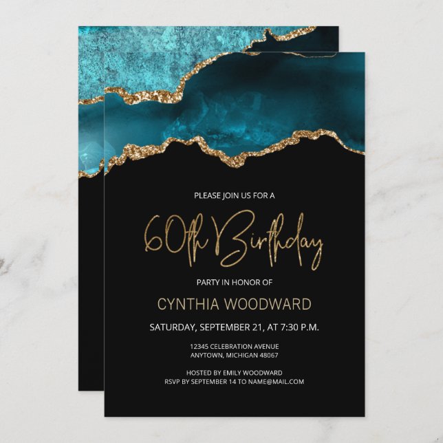 Elegant Teal Gold Agate 60th Birthday Party Invitation (Front/Back)
