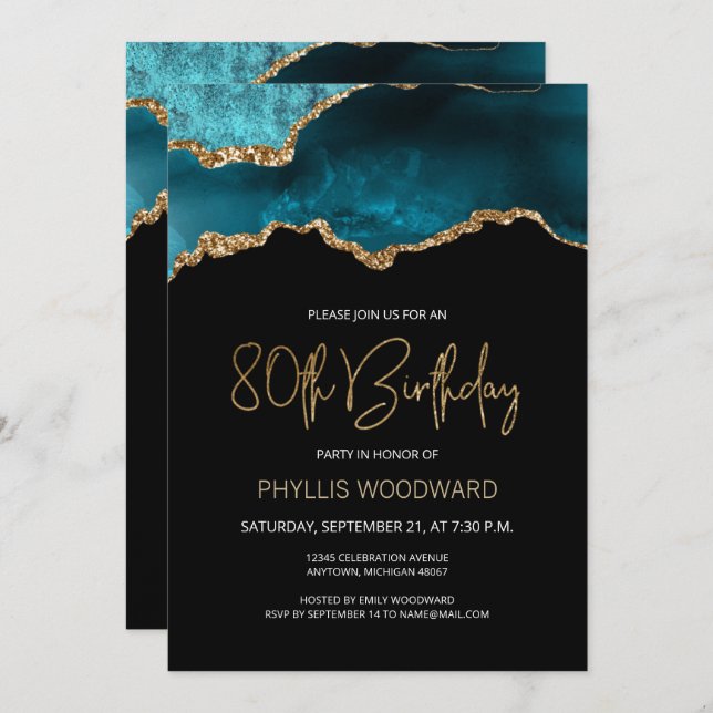Elegant Teal Gold Agate 80th Birthday Invitation (Front/Back)