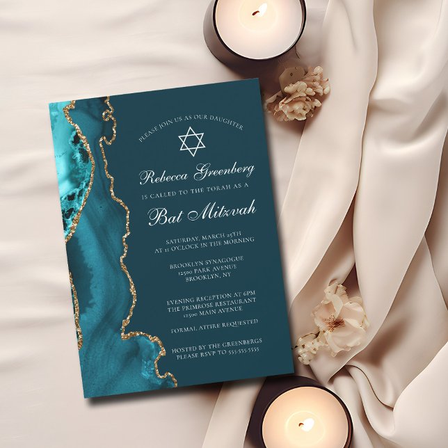 Elegant Teal Gold Agate Bat Mitzvah Party Invitation (Creator Uploaded)