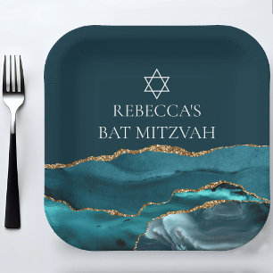 Elegant Teal Gold Bat Mitzvah Party Custom Paper Plate