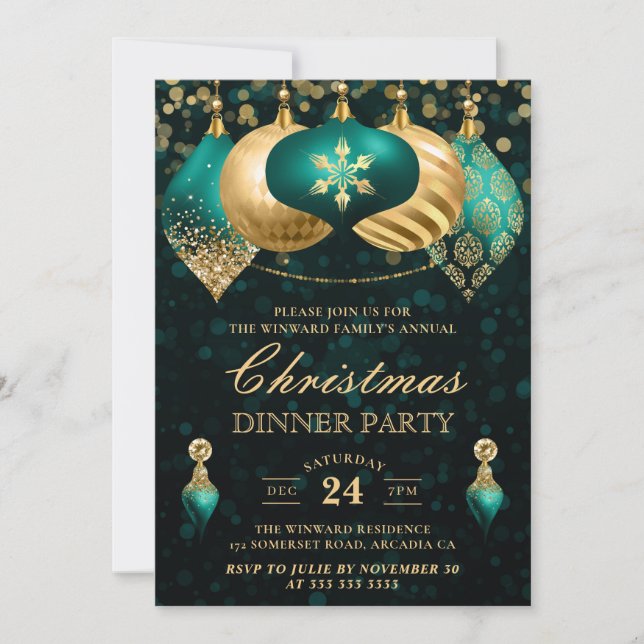 Elegant Teal & Gold Baubles Christmas Dinner Party Invitation (Front)