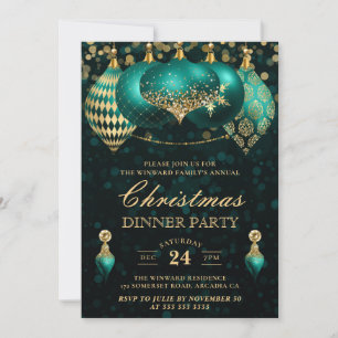 Elegant Teal & Gold Baubles Christmas Dinner Party Invitation