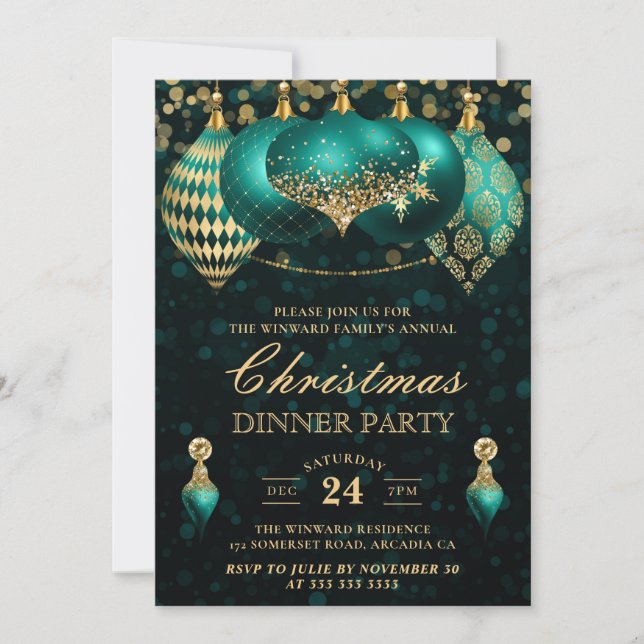Elegant Teal & Gold Baubles Christmas Dinner Party Invitation (Front)